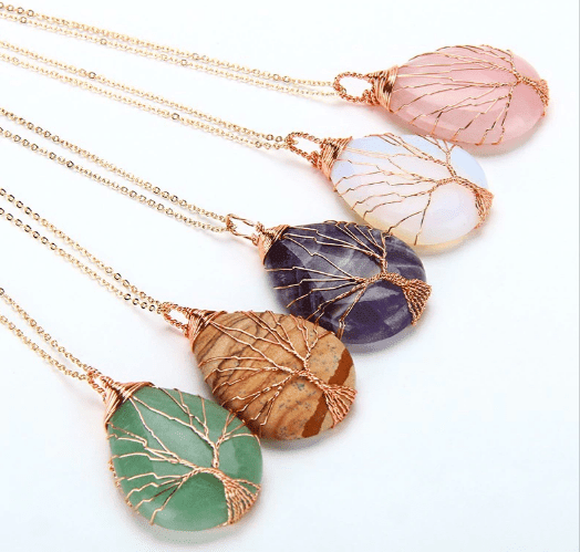 Tree of Life Wrapped Drop Shaped Crystal Necklace