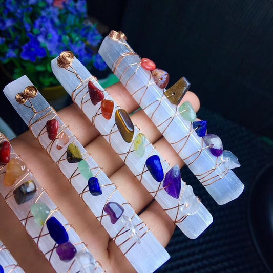 Selenite Stick wrapped with Chakra Healing Crystals